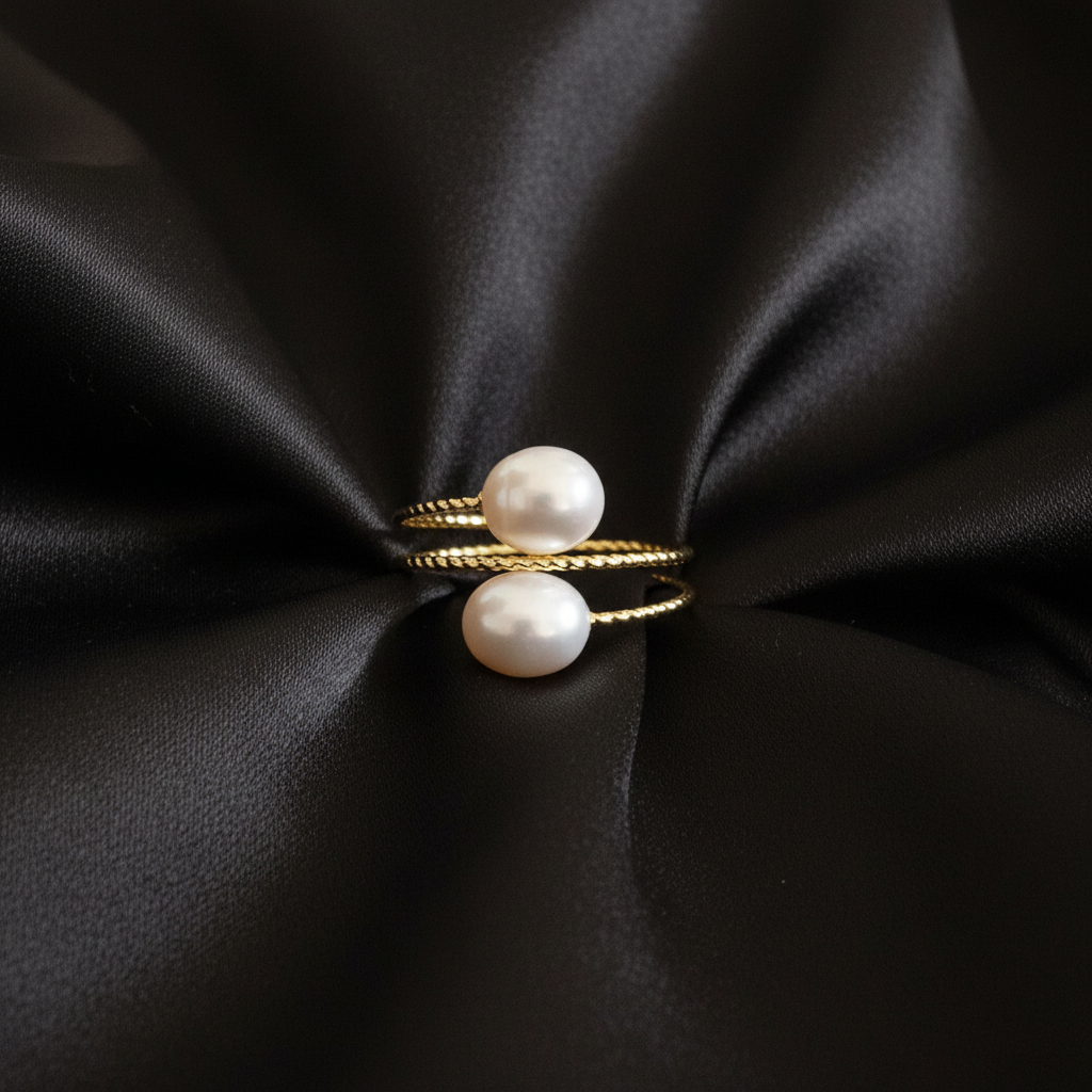 Double Pearl Open Ring - 18K Gold Plated Ring | ANNIRO Jewelry