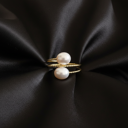 Double Pearl Open Ring - 18K Gold Plated Ring | ANNIRO Jewelry