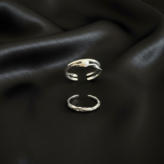Pearl Cross and Plain Pattern Ring Set - Black Silk New