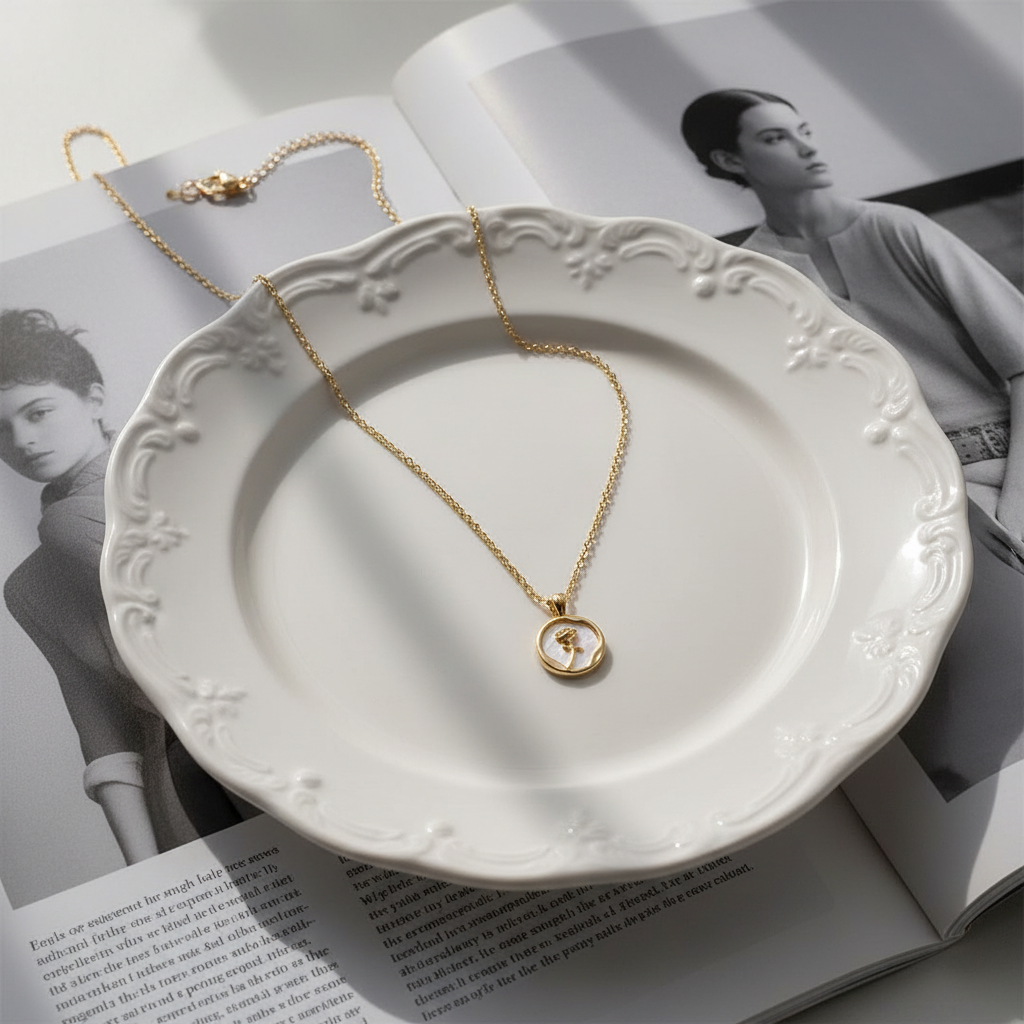 Rose Coin Necklace - White Ceramic Plate INS Style