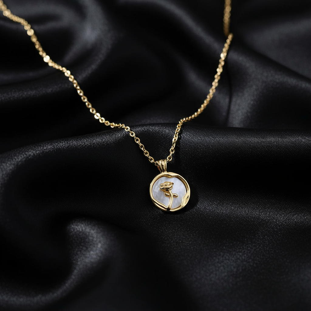 Rose Mother of Pearl Coin Necklace - Black Silk Background