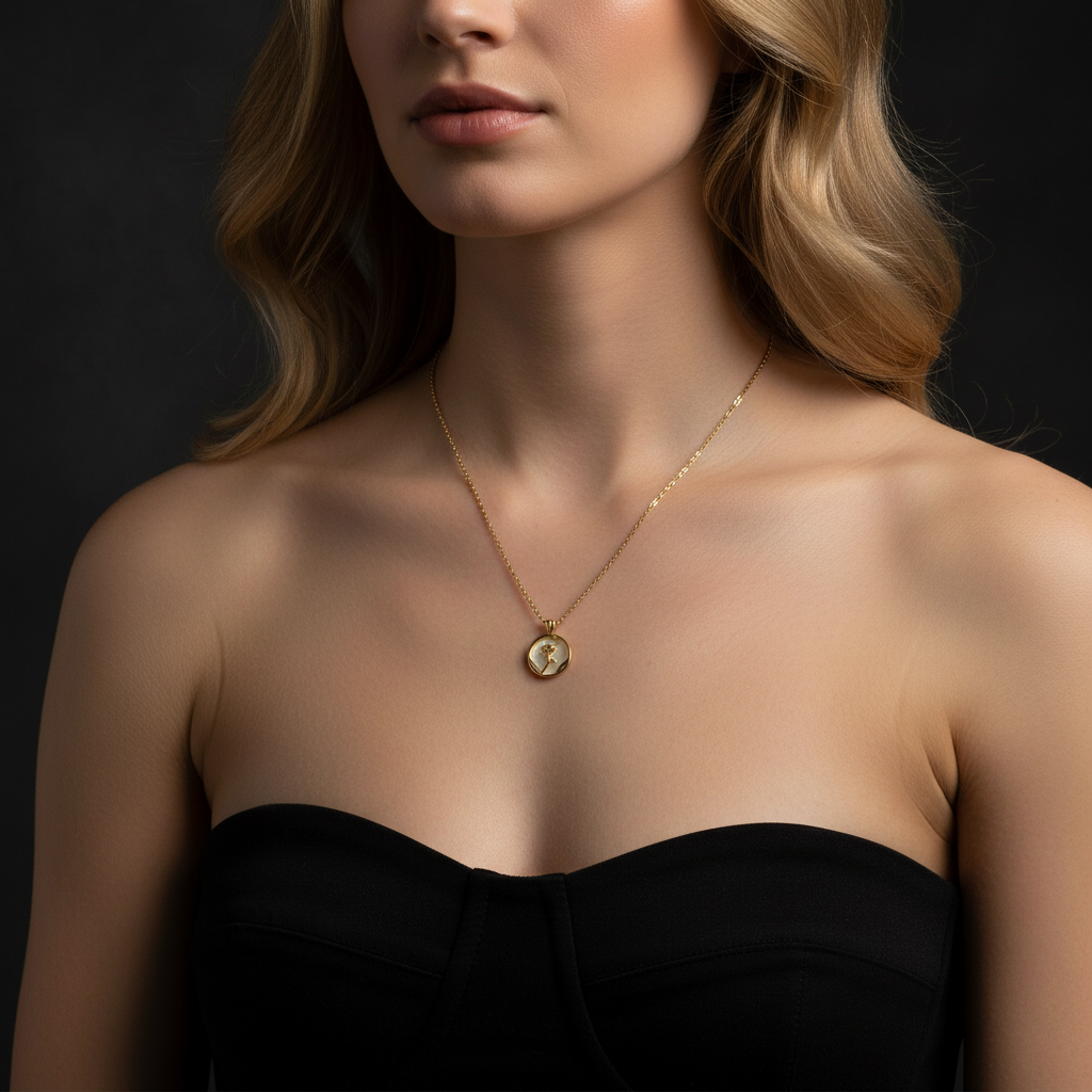Rose Mother of Pearl Coin Necklace - Model Shot
