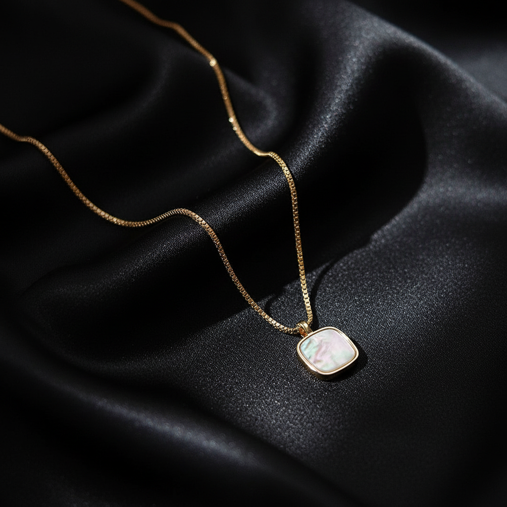 Square Mother of Pearl Necklace - Black Silk Background